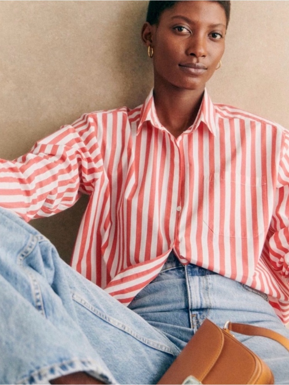Sézane Max Shirt Ecru Red Stripe Oversized Organic Cotton FR 44 US 12